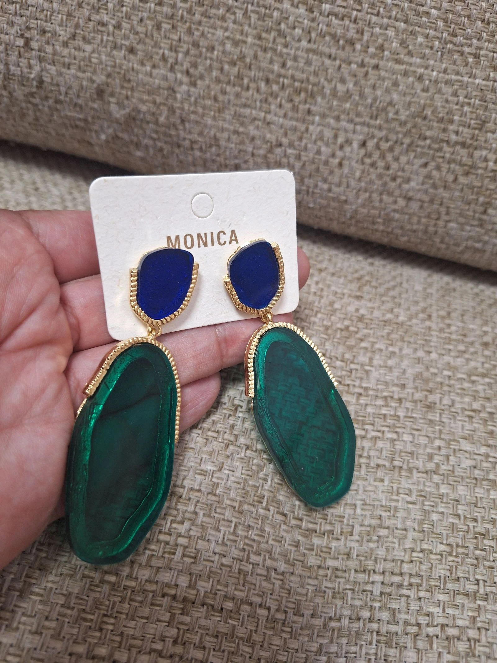 Long green and blue klein stone-effect earrings | Gold | Boho | Party | Guest – photo 2